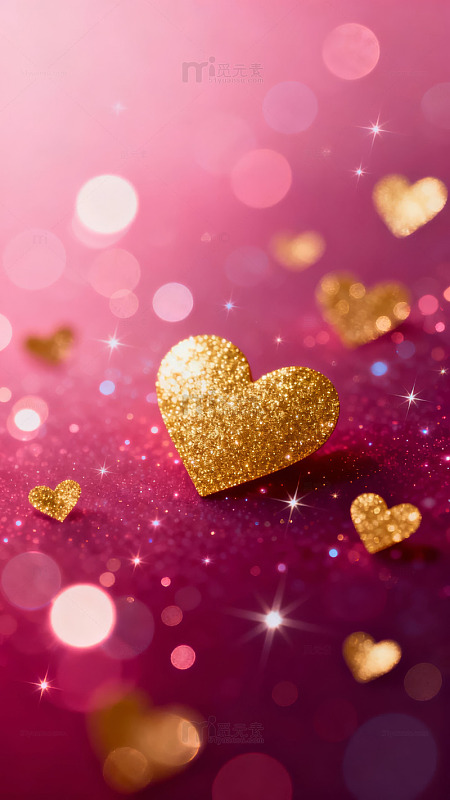 金色心形闪耀粉色背景