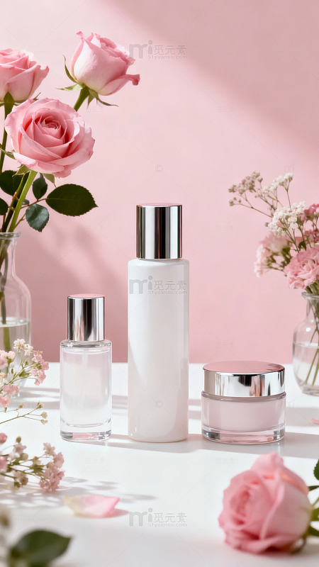 粉色背景下的玫瑰与护肤品