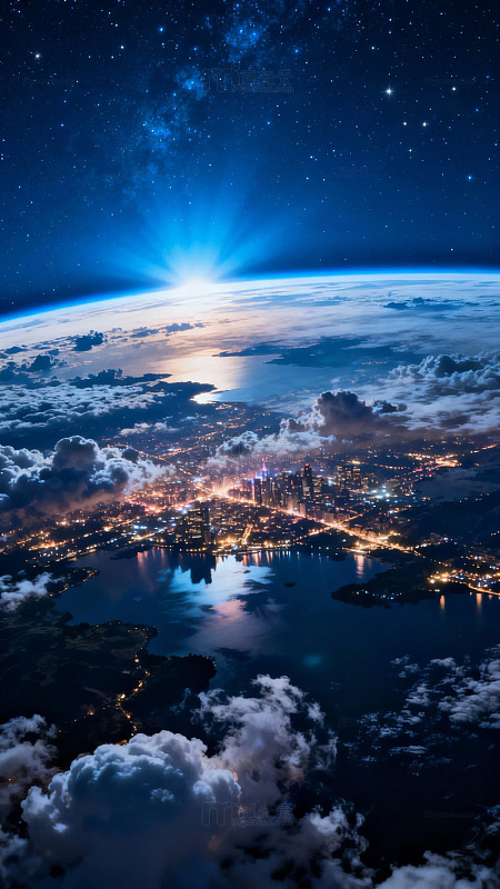 夜空下的城市与银河图片
