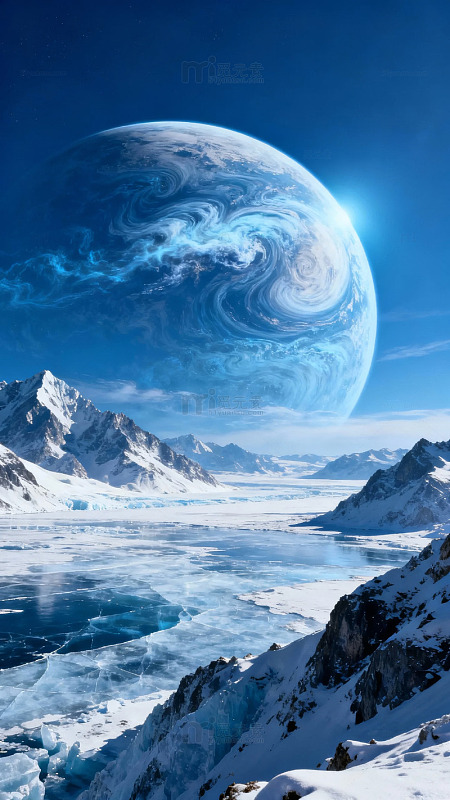 冰川雪山旁的蓝色星球