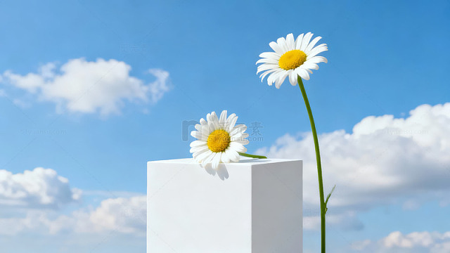 蓝天白云下两朵雏菊图片-3854