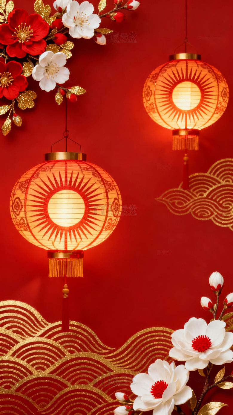 红灯笼与花卉装饰的节日场景