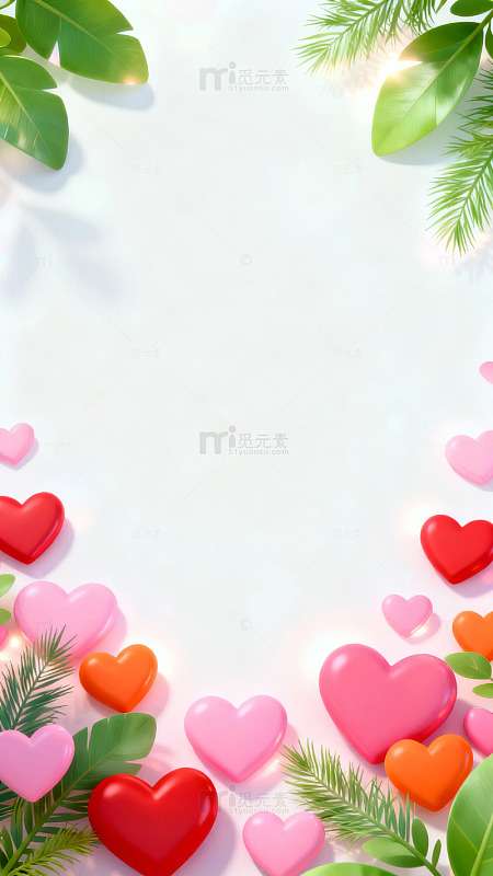 心形与绿叶装饰的浪漫背景-8716