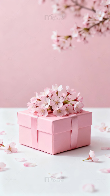 粉色礼盒与樱花点缀图片