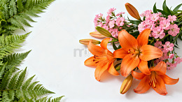 橙色百合与粉色小花绿叶点缀