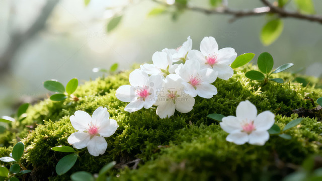 白花绿苔春意浓图片