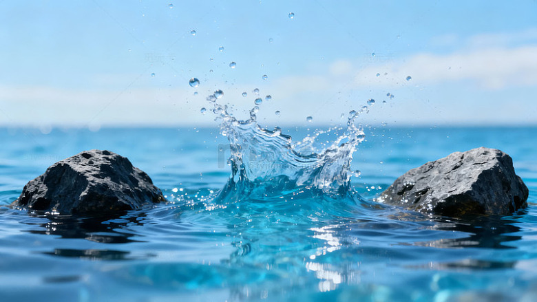 海浪拍打岩石溅起水花