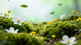 苔藓间绽放的白色与黄色小花