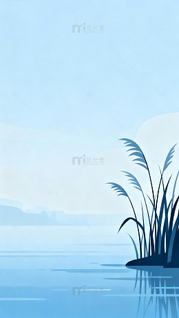 淡蓝湖景芦苇插画