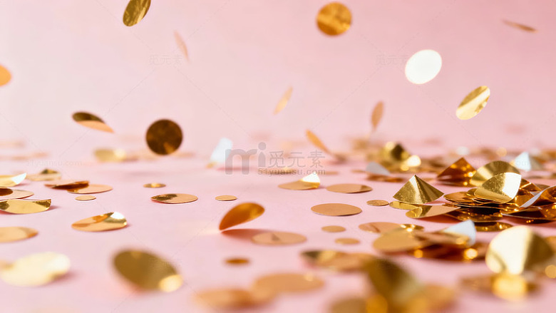 金色亮片散落在粉色背景上