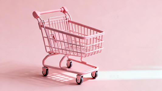 粉色购物车置于简约背景的静态展示