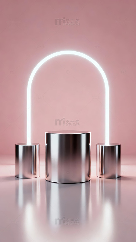 粉色背景下的金属圆柱与发光拱形结构