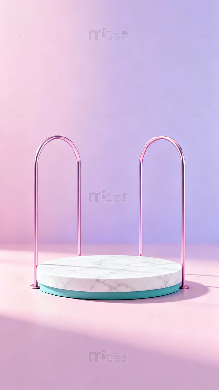 粉色渐变背景下的大理石圆形展台与金属支架