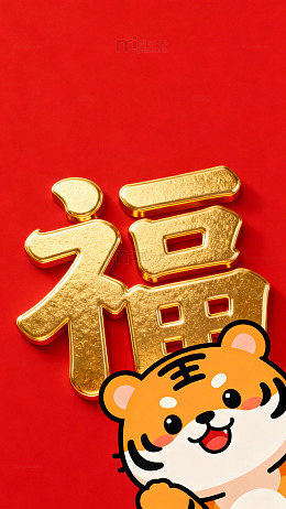 金色福字与可爱老虎贺岁图