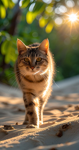 阳光下的猫咪沙地漫步