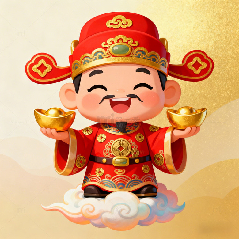 卡通财神爷金元宝喜庆插画