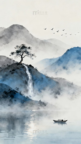 山水画中孤树飞瀑与远航小舟