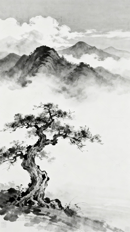 水墨山林云雾松树图图片