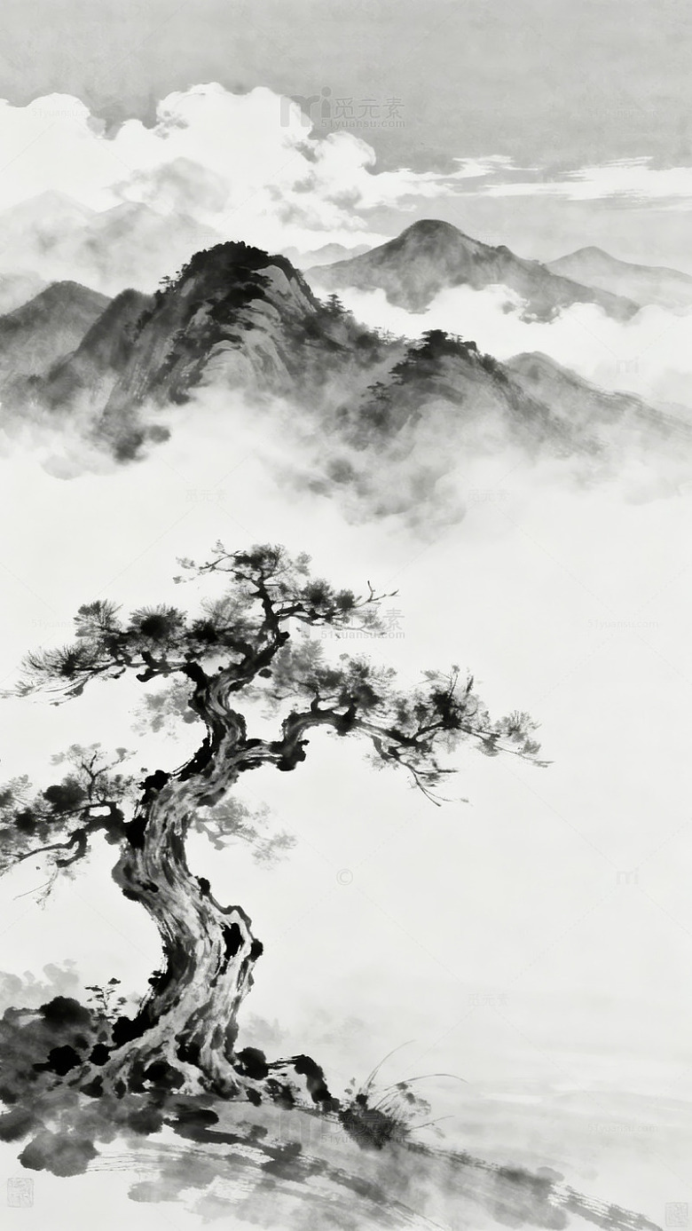 水墨山林云雾松树图图片