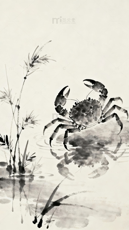 水墨画中的螃蟹与水草