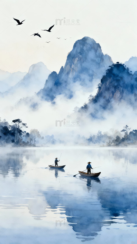 山水间舟行雾绕飞鸟图片