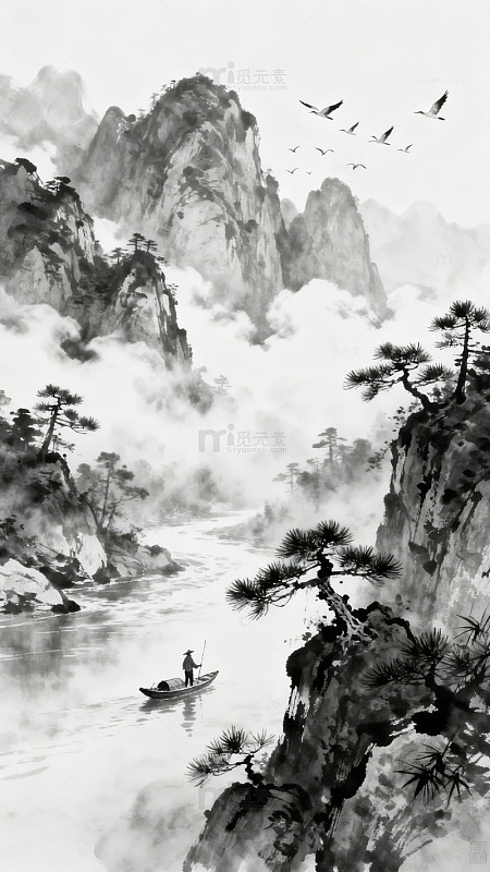 山水间渔舟唱晚飞鸟掠空