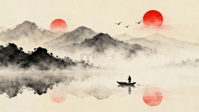 山水间孤舟垂钓静谧画面