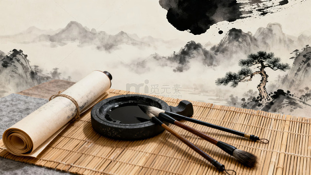 水墨画风格的书法工具静物