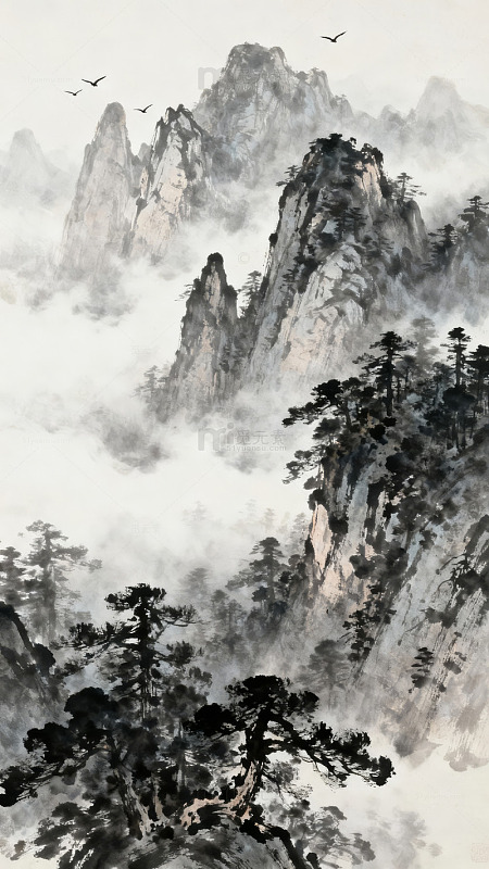 水墨山水画峰峦云雾飞鸟
