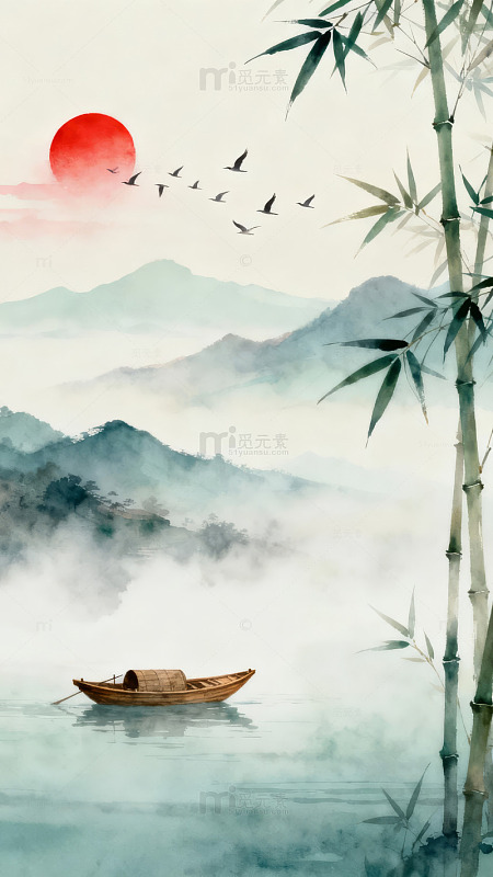 竹影映水孤舟行图片