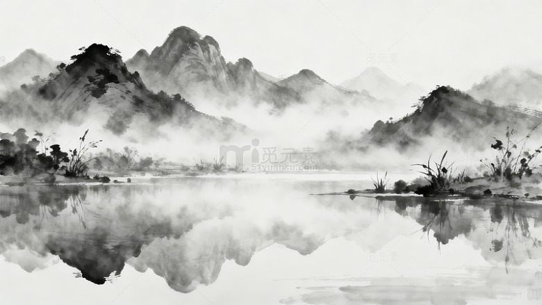 水墨山水画湖光山色图片-8185