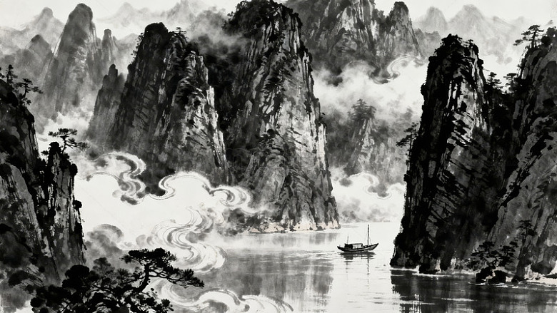 水墨山水画中孤舟漂泊