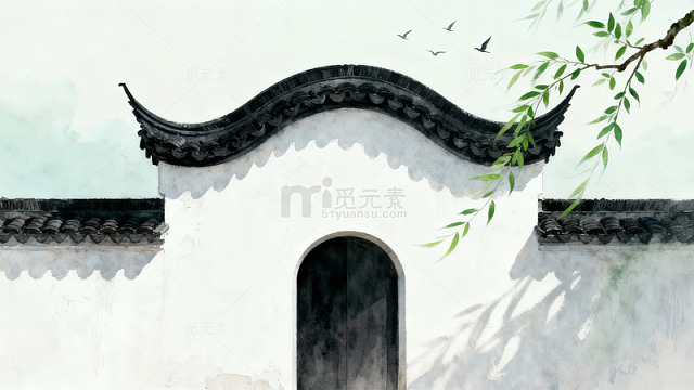 古典建筑与飞鸟柳枝的静谧画面