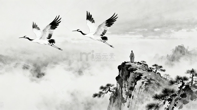双鹤飞翔山巅人影图片