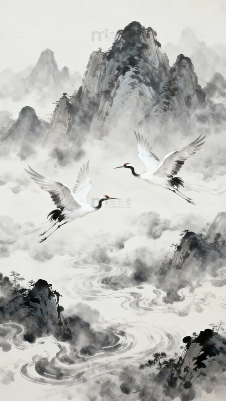 水墨画中双鹤飞越云山