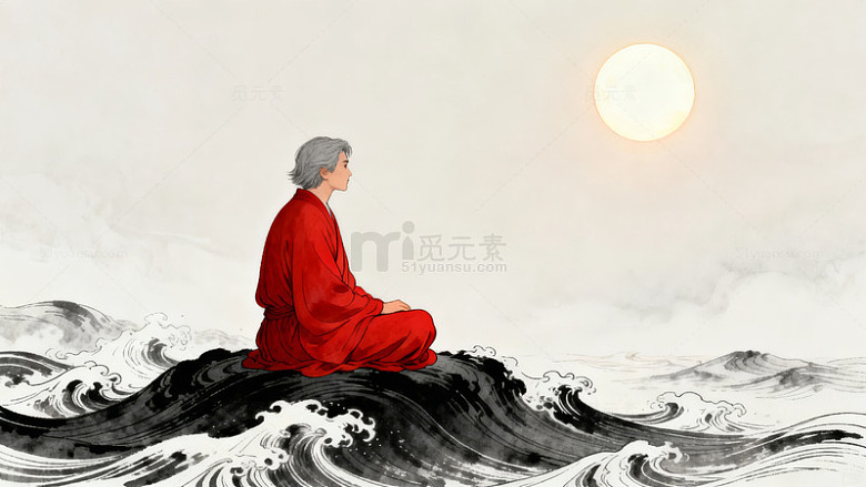 红衣僧人坐观海浪明月