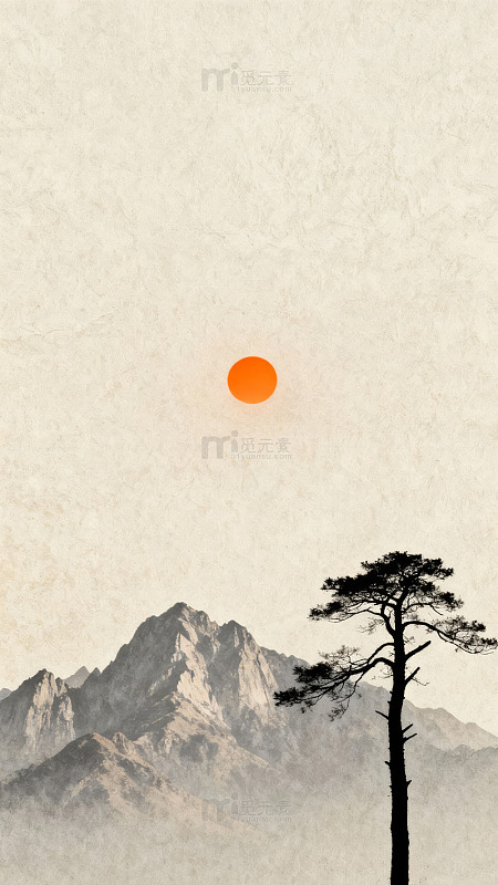 山巅孤树与橙日图片