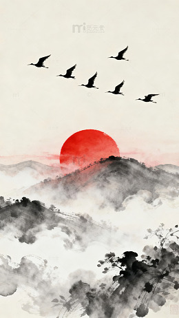 飞鸟掠过红日山峦图片
