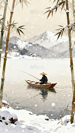 雪景竹林中渔翁垂钓图片