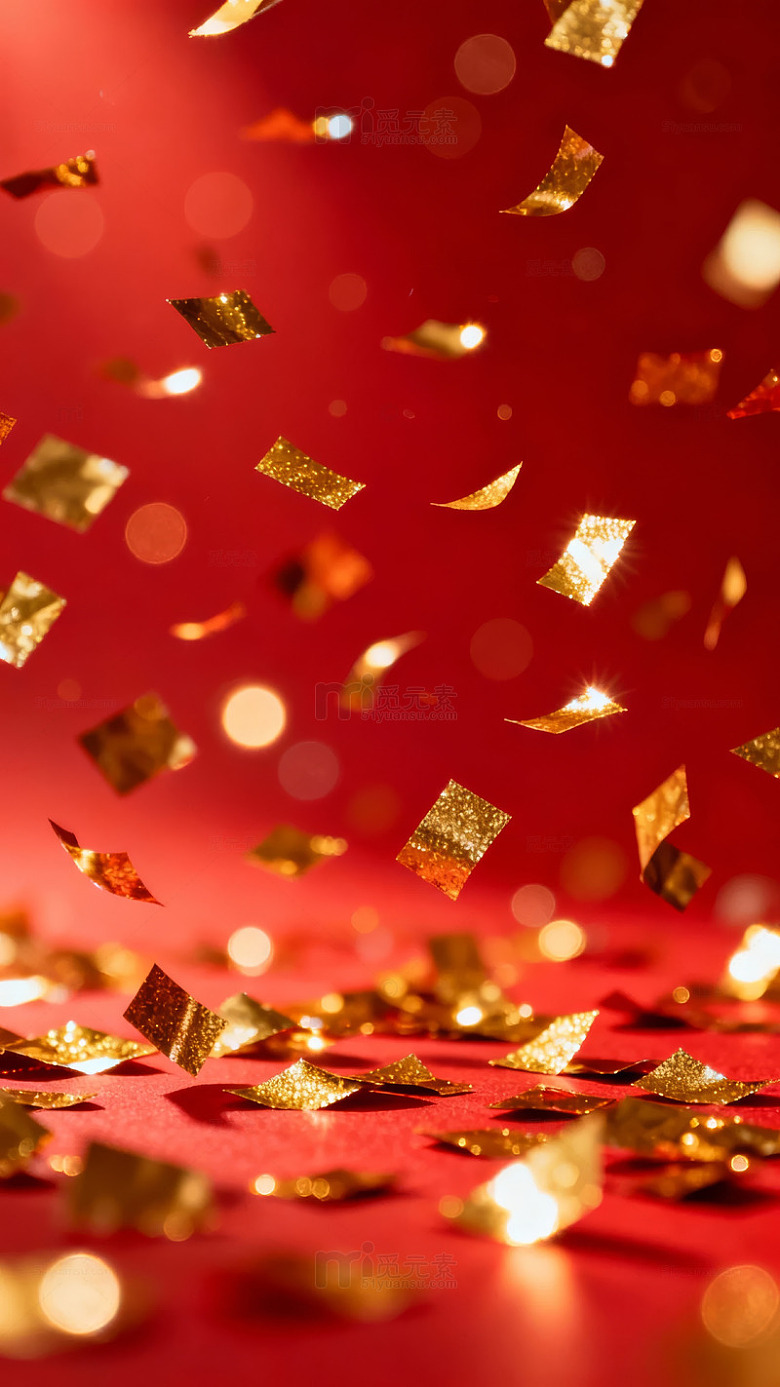 金色纸屑飘落红色背景