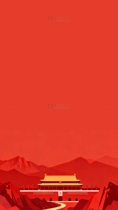 红色中国风古建筑山水画