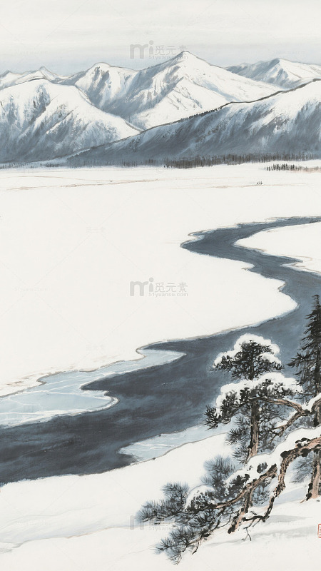 雪景山水画水墨画艺术图片