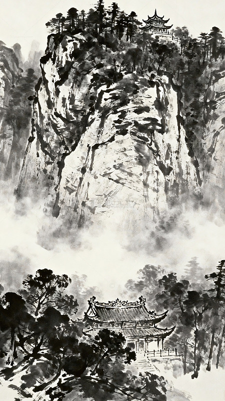 山水画水墨画古建筑山巅亭台楼阁