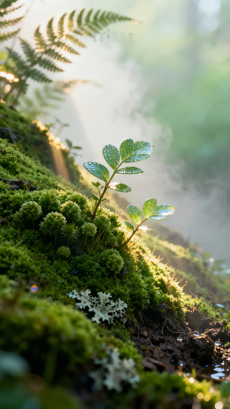 晨光中的苔藓与嫩叶图片