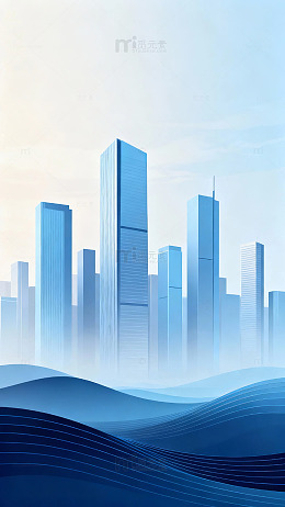 蓝色调城市建筑与波浪景观