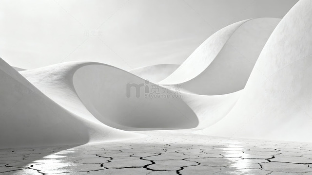 抽象白色波浪形空间与裂纹地面