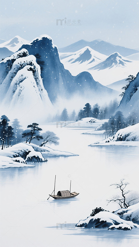 水墨山水画雪景小舟