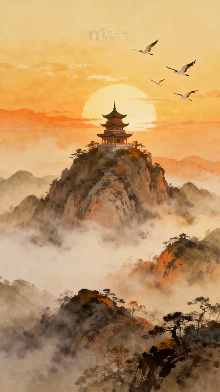 日落时分山巅古塔与飞鸟的水墨画