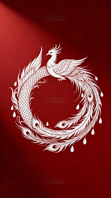 红色背景上的白色凤凰环绕图案