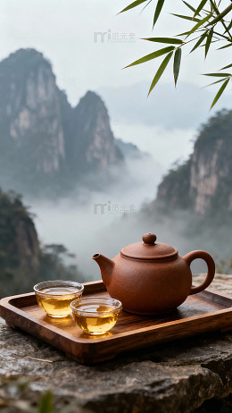 茶具置于山雾缭绕的自然景观前-8503